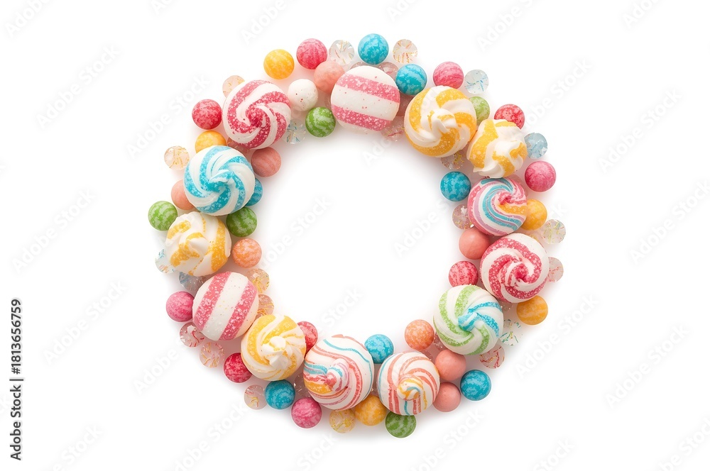 Obraz premium Colorful swirl lollipops and candies arranged in a circle on white background