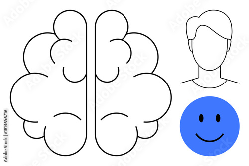 Mental health concept. Mental health illustrated with a brain, human face outline, and a happy face. Mental health visualization for therapy, psychology, education, wellness, and awareness campaigns
