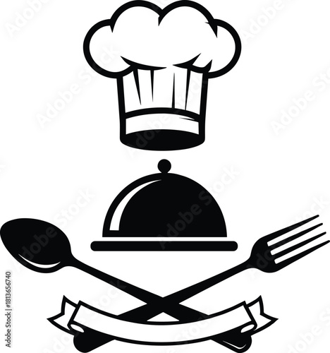 Black chef hat cloche spoon fork and ribbon graphic