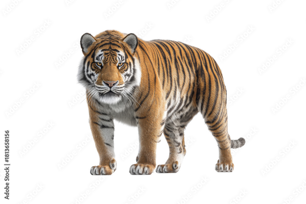 Obraz premium Bengal Tiger Standing Alert on White Background
