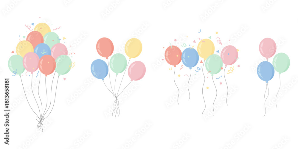 Naklejka premium Bouquets de ballons pastel – Ensemble festif coloré – Illustration joyeuse pour événements