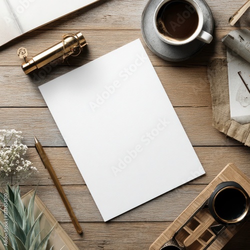 desk photography with blank stationery layout