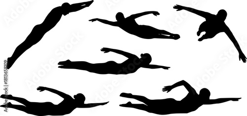 A collection of silhouetted figures in various swimming poses against a white background