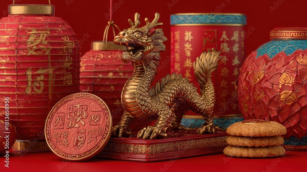 Fototapeta premium chinese new year 2024 greeting card bright red asian year of the dragon background with golden dragon figurine chinese lanterns traditional jewelry gifts coins cookies with wishes copy generative ai