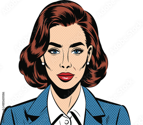 Classic Pop Art Comic Style Businesswoman Portrait with Halftone Dots Vector