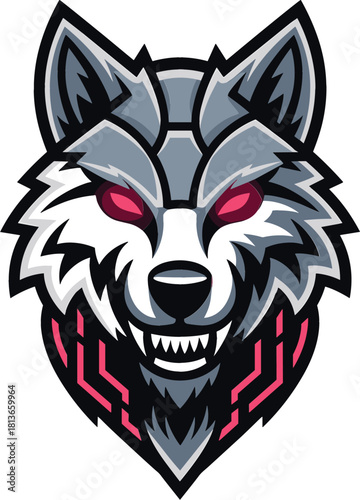 Cyberpunk Wolf Head Mascot with Neon Glowing Eyes and Tech Details Vector