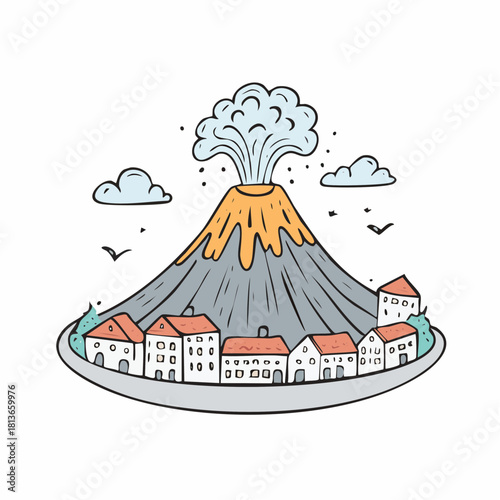 Dormant volcano cradles a small town nestled on its foothills, houses nearby