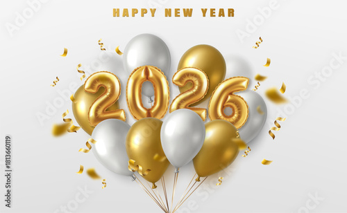 3d realistic vector illustration. 2026 happy new year and merry christmas celebration banner with golden numbers and golden and white balloons with confetti.