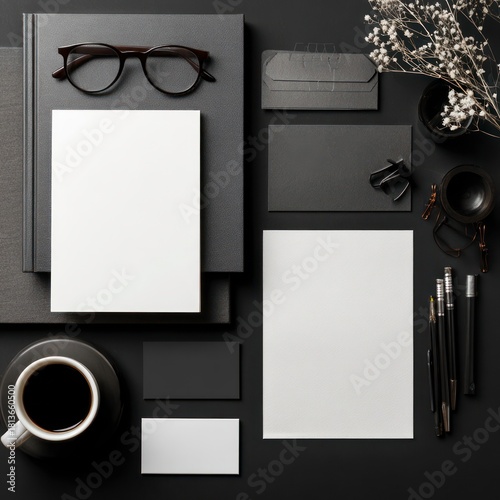 desk photography with blank stationery layout
