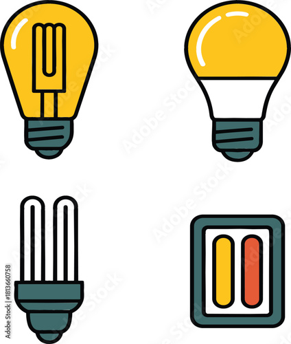 Flat Outline Style Energy and Light Bulb Icon Set Vector
