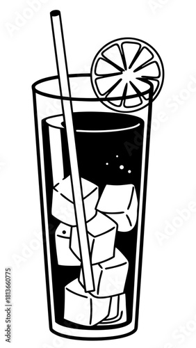 Minimilist illustration of a tall glass filled with a dark liquid, ice cubes, a straw and a lemon slice on the rim vector