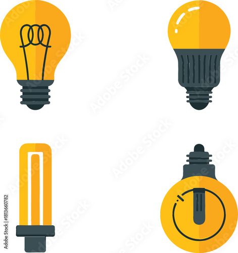 Flat Design Light Bulb Icon Set Showing Incandescent LED and CFL Types Vector