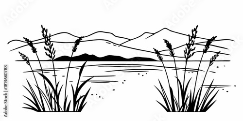 Minimilist a black and white drawing of grass in the foreground with mountains in the background landscape view vector