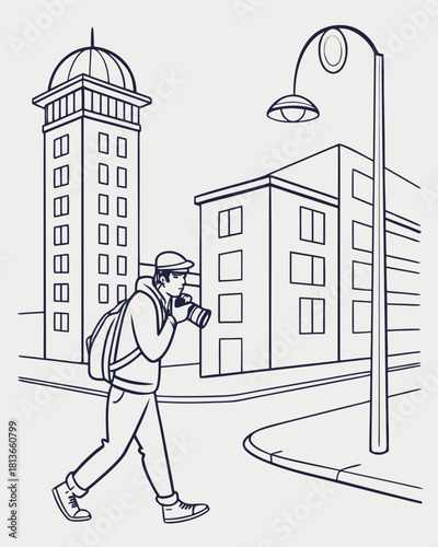 Minimilist a photographer walking on the street with buildings and a lamppost in the background taking photos vector