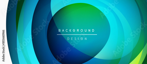 Abstract layers create dynamic blue, green gradient. Central text reads background design. Modern, flowing visual composition.
