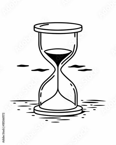 Minimilist illustration of a black and white hourglass with sand flowing on a white background design element vector