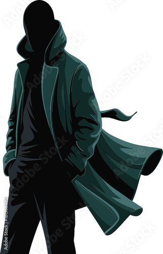 High Contrast Mysterious Silhouette Figure in Hooded Trench Coat Vector
