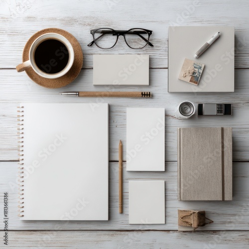 desk photography with blank stationery layout