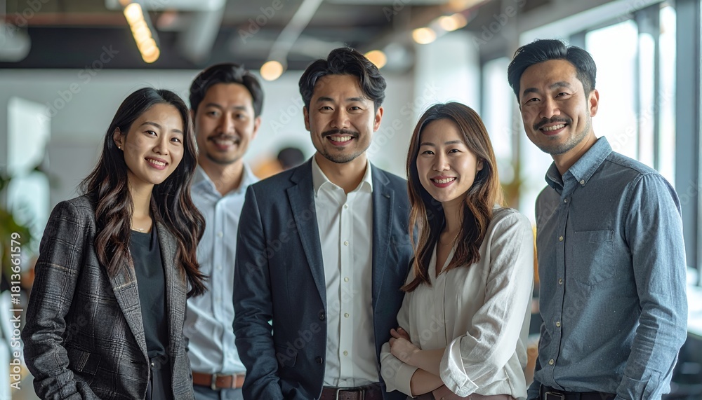 Obraz premium Diverse Group of Asian Business Professionals Smiling Confidently in a Modern Office Environment.