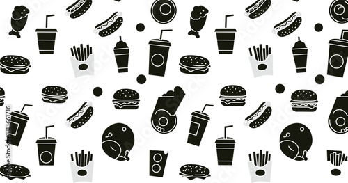 Fast food icons, burger, hot dog, fries, soda, donut, ice cream, snack pattern, black and white, vector illustration