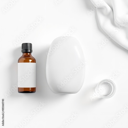 Top view of essential oil bottle, white aroma diffuser, and small glass jar on a clean white background for beauty and wellness mockup