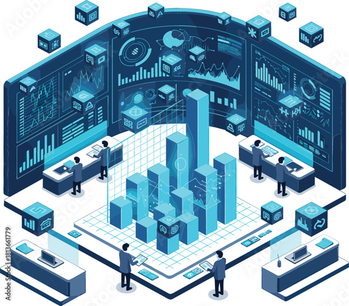 Isometric Centralized Big Data Analysis and Business Control Room Vector