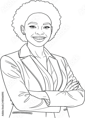 Line Art African American Businesswoman with Natural Hair and Arms Crossed Vector