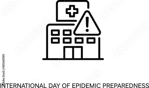Vector art of a hospital building with a warning sign