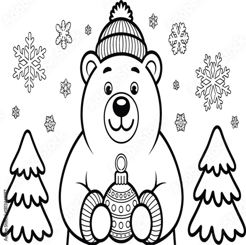 Polar Bear Holding Christmas Ornament Coloring Page Outline Vector