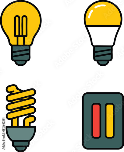 Set of Flat Line Style Lighting Technology Icons Vector