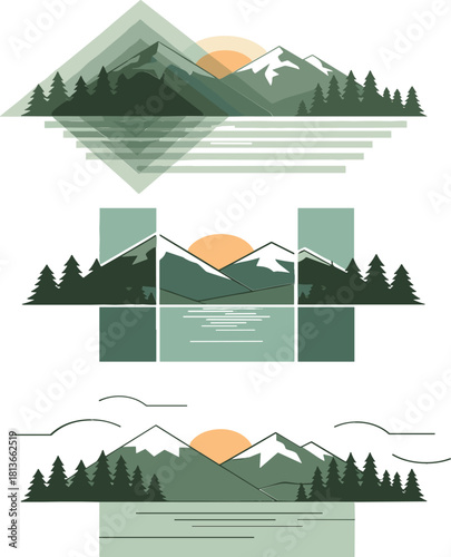 Set of Minimalist Geometric Mountain Forest and Lake Landscape Graphics Vector