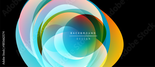 Abstract colorful layers create dynamic circular design. Vibrant hues blend, forming modern visual experience. Smooth gradients suggest movement.