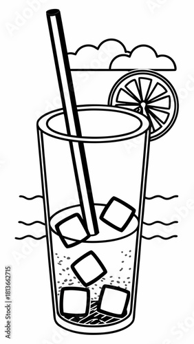 Minimilist illustration of a tall glass with a straw ice cubes and a slice of citrus fruit with a cloud design above vector