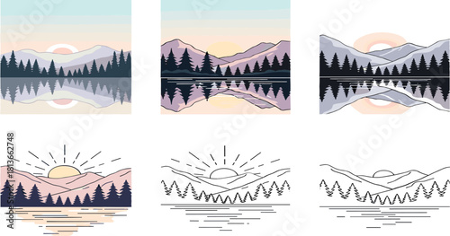 Set of Minimalist Landscape Sunrise Sunset Mountain and Forest Illustrations Vector