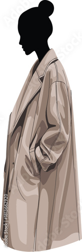 Stylish Female Silhouette Profile in Oversized Beige Winter Coat Vector