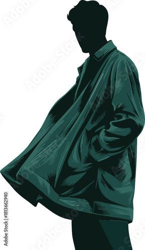 Stylish Male Silhouette in Flowing Coat with Hand in Pocket Vector
