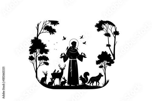 Silhouette Vector, Saint Francis of Assisi with Animals Vector Illustration – Christian Artwork of Saint in the Woods with Birds and Wildlife