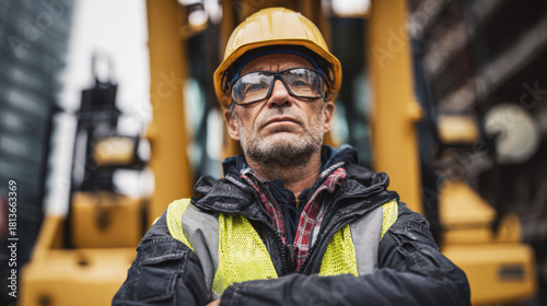 Industrial worker wearing safety gear and protective eyewear at construction site