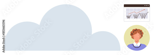 Cloud represents data storage, shopping cart analytics graph symbolizes e-commerce growth, user avatar reflects personalized experience. Ideal for online retail, cloud computing, data visualization