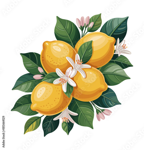Detailed vector illustration of four lemons with layered leaves and white blossoms, soft shadows and highlights, diagonal composition, perfect for botanical, food, and nature designs