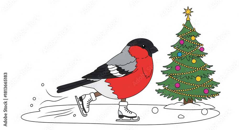 Fototapeta premium Colorful illustration of a bullfinch bird skating on ice near a decorated Christmas tree, showcasing a festive winter scene with joyful holiday spirit and playful atmosphere