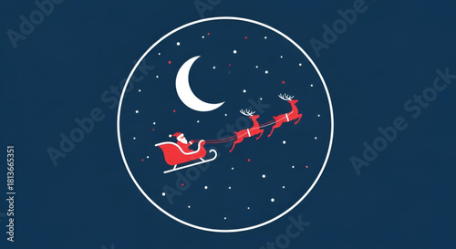 Santa Claus Flying Across the Starry Night Sky Under the Crescent Moon, Spreading Joy, Hope, and Christmas Magic as He Delivers Gifts to Children Around the World