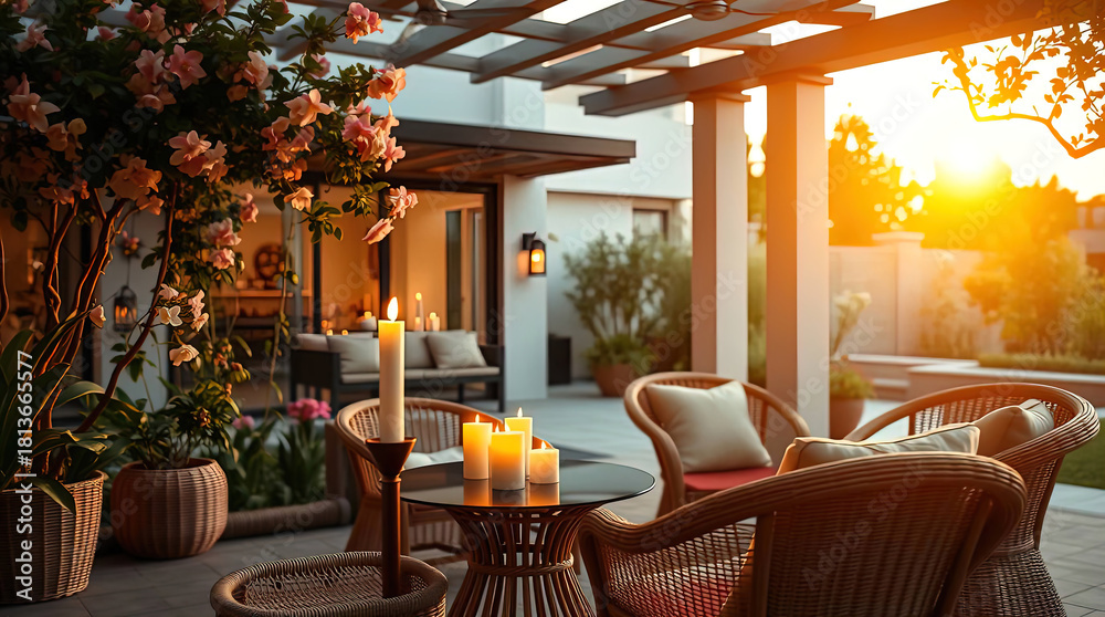 Fototapeta premium A cozy house with a place to relax, a cozy beautiful interior of a house with a garden