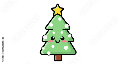 Festive Christmas Tree Illustration with Star and Cute Decorations Holiday Season Icon