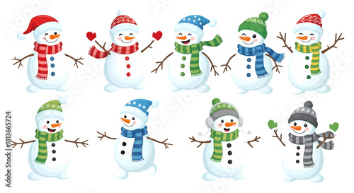 Collection of diverse and charming snowmen illustrations wearing winter hats and scarves, perfect for holiday and winter themed designs