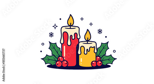 Festive red and yellow Christmas candles with melting wax and holly leaves, creating a warm and cozy holiday atmosphere