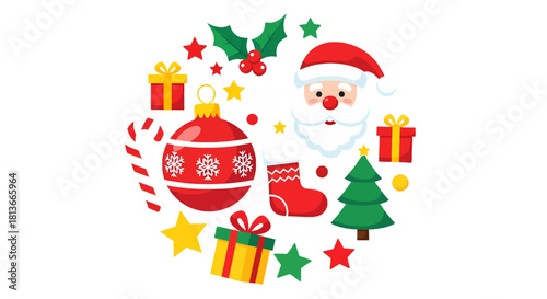 A vibrant flat design concept showcasing various Christmas holiday symbols such as Santa, a tree, gifts, and ornaments in a round composition