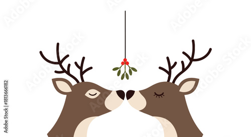 Cute deer couple sharing a kiss under mistletoe, celebrating Christmas and winter holidays with festive cheer
