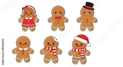 Cute and festive gingerbread man and woman illustrations with various expressions and holiday accessories, perfect for Christmas themed designs