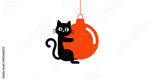 Cute Black Cat Adorably Clinging to a Festive Orange Christmas Ornament